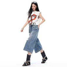 批发美式水洗做旧破洞牛仔七分裤<b class='q'>男</b>女宽松休闲百搭阔腿短裤潮流新款