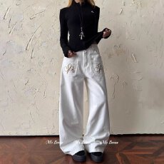批发美式复古反穿设计翅膀刺绣牛仔裤<b class='q'>男</b>女阔腿宽松情侣<b class='q'>休闲裤</b>潮