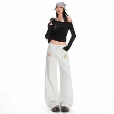 批发美式复古反穿设计翅膀刺绣牛仔裤<b class='q'>男</b>女阔腿宽松情侣<b class='q'>休闲裤</b>潮