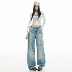 批发美式复古做旧泼墨设计弯刀牛仔裤<b class='q'>男</b>女宽松直筒阔腿休闲拖地长裤子