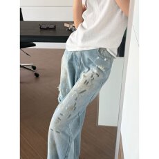批发复古水洗牛仔裤<b class='q'>男</b>潮牌ins港风宽松阔腿裤春秋季百搭休闲直筒