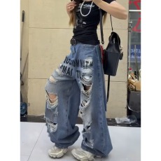 批发破洞牛仔裤<b class='q'>男</b>夏季薄款宽松直筒阔腿潮牌乞丐痞帅裤子美式高街休闲