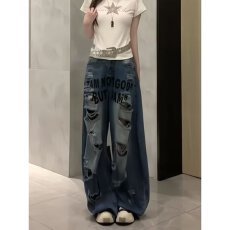 破洞牛仔裤夏季新款宽松阔腿裤美式高街做旧复古辣妹百搭拖地裤