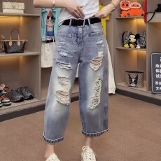 批发美式复古破洞牛仔短裤女夏季新款<b class='q'>哈伦</b>八分裤宽松直筒阔腿裤