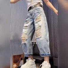 批发美式复古破洞牛仔短裤女夏季新款<b class='q'>哈伦</b>八分裤宽松直筒阔腿裤