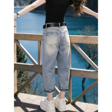 批发美式复古破洞牛仔短裤女夏季新款<b class='q'>哈伦</b>八分裤宽松直筒阔腿裤