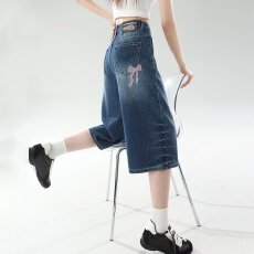 批发美式复古水洗做旧刺绣牛仔短裤<b class='q'>男</b>女夏季宽松休闲百搭七分裤子