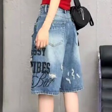 批发美式复古破洞牛仔<b class='q'>短裤</b><b class='q'>男</b>夏季薄款潮牌炸街中裤宽松直筒五分裤
