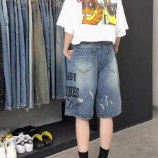 批发美式复古破洞牛仔<b class='q'>短裤</b><b class='q'>男</b>夏季薄款潮牌炸街中裤宽松直筒五分裤