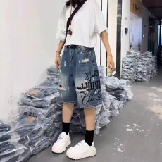 批发美式复古破洞牛仔<b class='q'>短裤</b><b class='q'>男</b>夏季薄款潮牌炸街中裤宽松直筒五分裤