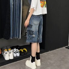 批发美式复古破洞牛仔<b class='q'>短裤</b><b class='q'>男</b>夏季薄款潮牌炸街中裤宽松直筒五分裤