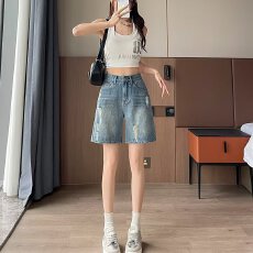 批发牛仔<b class='q'>短裤</b><b class='q'>男</b>款夏季薄款宽松直筒五分裤日系潮牌休闲运动松紧腰中裤