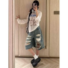 批发美式街头双腰头泥黄脏染破洞牛仔七分裤<b class='q'>男</b>女设计感宽松<b class='q'>短裤</b>潮