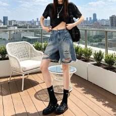 批发美式街头复古水洗破洞设计感牛仔三分裤<b class='q'>男</b>女夏季宽松阔腿<b class='q'>短裤</b>