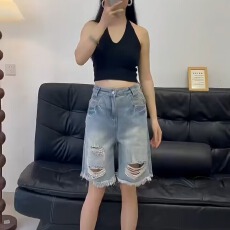 批发美式复古破洞<b class='q'>牛仔</b>裤女夏季新款百搭<b class='q'>高腰</b>显瘦阔腿做旧五分<b class='q'>牛仔</b><b class='q'>短裤</b>