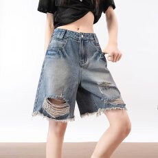 批发辣妹做旧破洞<b class='q'>牛仔</b><b class='q'>短裤</b>女夏季<b class='q'>高腰</b>宽松显瘦小个子直筒阔腿五分中裤
