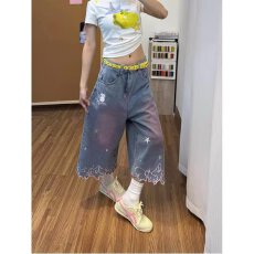 批发原宿ins牛仔七分裤<b class='q'>男</b>美式复古破洞星星印花中裤宽松水洗阔腿<b class='q'>短裤</b>