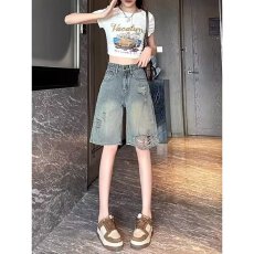 批发夏季浅蓝色<b class='q'>高腰</b><b class='q'>牛仔</b><b class='q'>短裤</b>女欧货复古破洞直筒宽松休闲五分裤子