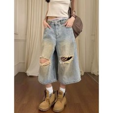 批发夏季美式复古黄泥染破洞牛仔<b class='q'>短裤</b><b class='q'>男</b>女水洗宽松痞帅七分裤潮