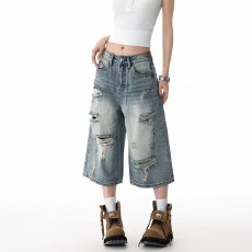 批发美式复古破洞水洗牛仔七分裤<b class='q'>男</b>女高街宽松休闲<b class='q'>短裤</b>百搭直筒阔腿裤