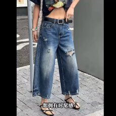 批发美式潮牌复古水洗破洞时髦牛仔七分裤夏季宽松运动<b class='q'>短裤</b><b class='q'>男</b>