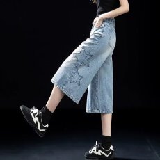 批发高腰牛仔裤女新款天丝薄款裤子美式阔腿裤夏小个子七分直筒裤