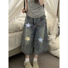 批发潮流新款复古星星印花<b class='q'>牛仔</b><b class='q'>短裤</b>女夏薄款宽松显瘦<b class='q'>高腰</b>直筒五分中裤