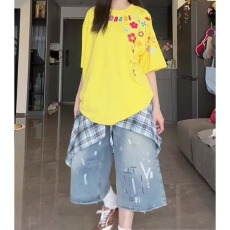 批发大码<b class='q'>女</b><b class='q'>装</b>蓝色七分牛仔短裤<b class='q'>女</b>泼墨设计显瘦街头风阔腿过膝中裤