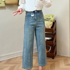 批发烫钻时尚高腰显瘦牛仔裤女宽松直筒九分裤女春秋季新款设计感