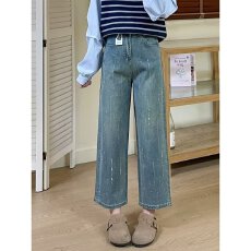 批发烫钻时尚高腰显瘦牛仔裤女宽松直筒九分裤女春秋季新款设计感