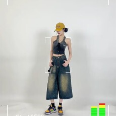 批发复古高街阔腿七分<b class='q'>牛仔</b>裤女夏季新款辣妹<b class='q'>高腰</b>显瘦宽松<b class='q'>短裤</b>潮