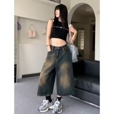 批发复古设计感<b class='q'>高腰</b>水洗七分<b class='q'>牛仔</b>裤女夏季新款松弛显瘦阔腿裤潮