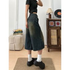 批发美式复古牛仔七分裤<b class='q'>男</b>女潮牌水洗高级感宽松百搭休闲阔腿牛仔<b class='q'>短裤</b>