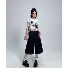 批发阔腿牛仔裤女春季新款大码胖mm宽松显瘦七分垂感直筒裤子