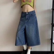 批发复古阔腿牛仔七分裤女夏季新款梨形身材大码胖mm宽松显瘦直筒裤子