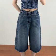 批发复古阔腿牛仔七分裤女夏季新款梨形身材大码胖mm宽松显瘦直筒裤子