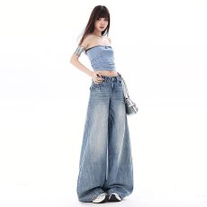 美式复古怀旧宽松阔腿裤女高腰猫咪纹通勤百搭垂感直筒牛仔裤