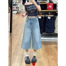批发美式复古做旧水洗直筒牛仔中<b class='q'>裤</b>女夏季时尚宽松<b class='q'>大码</b>阔腿七分牛仔<b class='q'>裤</b>