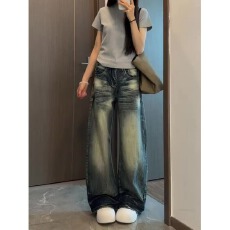批发美式复古弯刀牛仔<b class='q'>裤</b>春秋新款宽松百搭阔腿长<b class='q'>裤</b>复古蓝阔腿长<b class='q'>裤</b>