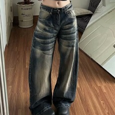 批发美式复古水洗做旧竹节纹弯刀牛仔<b class='q'>裤</b>女新款宽松显瘦拖地阔腿<b class='q'>裤</b>