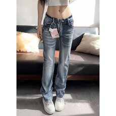 批发美式高街猫须低腰微喇<b class='q'>牛仔裤</b>女春季设计感小众辣妹<b class='q'>弹力</b>窄版直筒裤