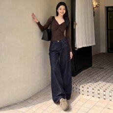 批发深蓝色阔腿牛仔裤女春<b class='q'>秋</b>季新款高腰宽松显瘦垂感高街直筒拖地裤子