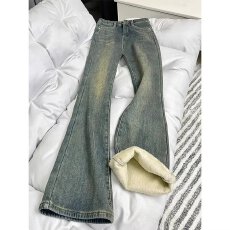 批发加绒加厚复古蓝微喇牛仔裤女<b class='q'>秋</b>冬大码胖mm高腰遮胯显瘦微喇马蹄裤