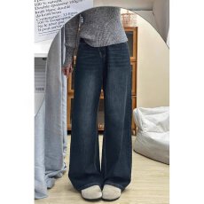 批发大码女装复古阔腿牛仔裤女冬季胖mm加厚加绒梨型身材显瘦直筒裤子