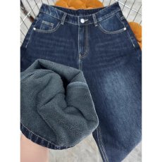 批发蓝灰色直筒牛仔裤女<b class='q'>秋</b>冬加绒加厚大码胖mm高腰宽松显瘦垂感阔腿裤