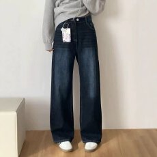 批发蓝灰色直筒牛仔裤女<b class='q'>秋</b>冬加绒加厚大码胖mm高腰宽松显瘦垂感阔腿裤