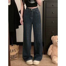 批发蓝灰色高腰阔腿牛仔裤女<b class='q'>秋</b>冬新款设计感大码宽松直筒垂感拖地裤子