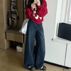 批发蓝灰色高腰阔腿牛仔裤女春<b class='q'>秋</b>宽松大码垂感拖地长裤子
