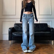 批发高腰直筒牛仔裤女秋季新款美式复古显瘦窄版阔腿裤小个子百搭<b class='q'>裤子</b>