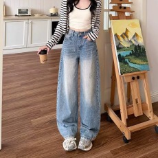 批发美式水洗直筒牛仔裤男女秋款休闲长裤宽松大码复古阔腿<b class='q'>裤子</b>